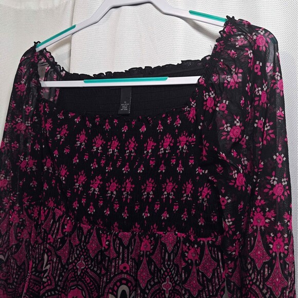 Vtg Y2K Babydoll Mesh Top Shirt XL Floral Smocked Whimsigoth Fairy Boho INC Long - Picture 2 of 8